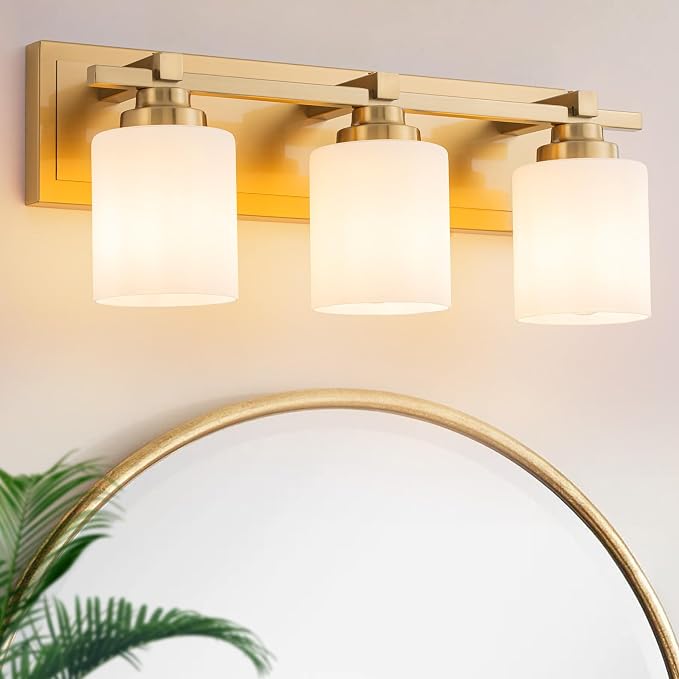 Modern Bathroom Light Fixtures Over Mirror, Vanity Lights for Bathroom Wall Sconces with Milky White Glass Shades, E26 Socket (Bulbs Not Included), 3 Light, Brass