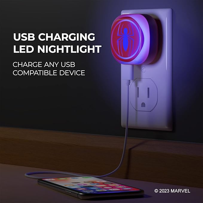 iJoy Marvel Spiderman Night Light with Touch LED and USB Charging Port- Spider Man Stuff/Spider-Man Gifts for Boys and Fans of Marvel- Foldable Plug and Build in USB Phone Charger- Spiderman décor