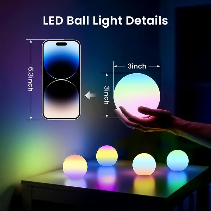 LOFTEK LED Ball Light, 3-inch Rechargeable Globe Lights, Color-Changing Ball Lamp with Remote, Waterproof Orb Light, Smart Sphere Night Light for Home Bedroom Pool Decor, Xmas Gift, 8 Pack