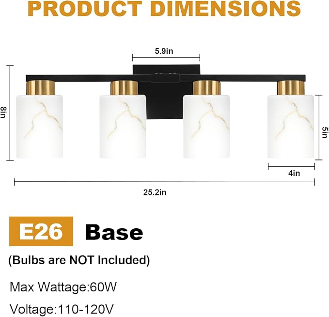 4-Light Bathroom Light Fixtures, Modern Vanity Lights, Black and Gold Metal Wall Lamp with White Marble Glass for Bathroom, Mirror, Living Room, Bedroom, Cabinet, Porch, Hallway, E26 Base