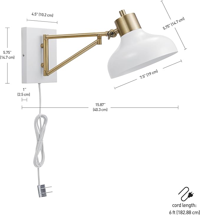 GLOBE Electric 51344 1-Light Plug-in or Hardwire Swing Arm Wall Sconce, White, Brass Accents, White-Cloth Cord, Mounted Bedside Lamp, Kitchen Sconces Wall-Lighting, Bulb Not Included (Pack of 2)