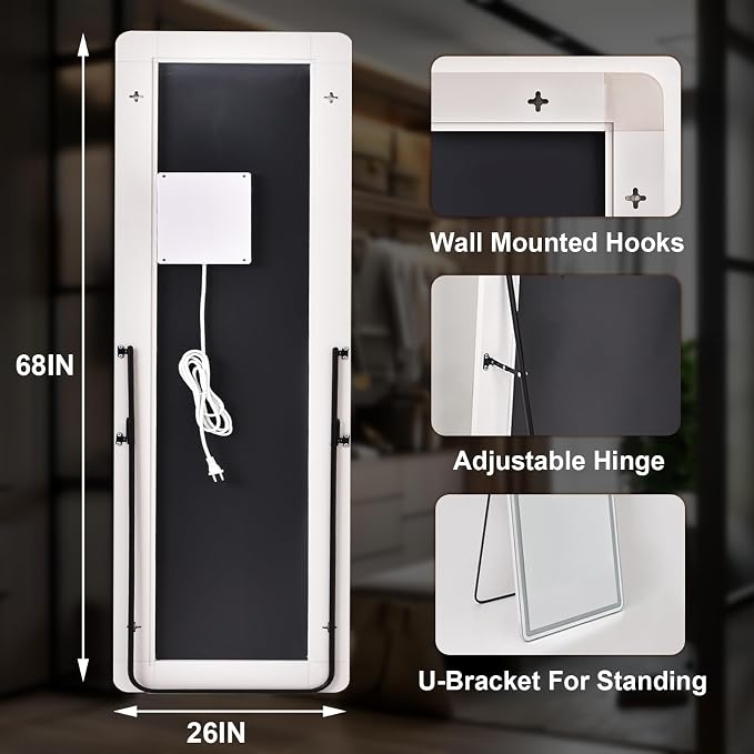 Easly 26x68 inch Full Length Mirror with Lights, LED Lighted Floor Standing, Hanging Mirror Full Length with Stand Free, Full Body Dressing Mirrors with Dimmable 3 Color LED