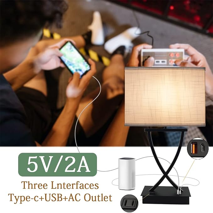 OYedis 3-Way Dimmable Touch Control Medium Table Lamp with Type C/USB Charging Port and 1 AC Outlet White Shade 21.38" Bedside Nightstand Lamp for Bedroom Living Room Office and Hotel Bulb Included
