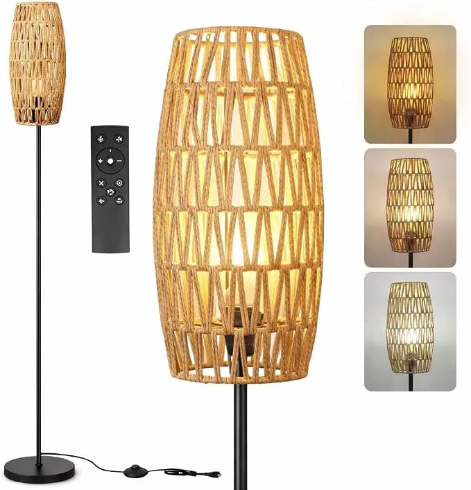 Ruiever Floor Lamp for Living Room,Farmhouse Floor lamp,Modern Standing lamp with Hand-Worked Rattan Shade (Drum Shade-with Remote)