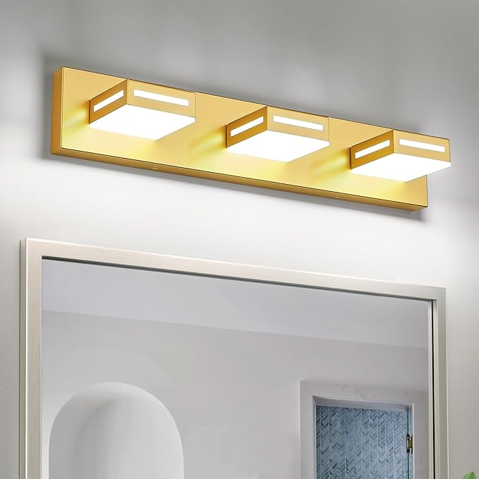 LED Modern Bathroom Light Fixtures, 3-Light 24-Inch Gold Vanity Lights for Bathroom Lighting Fixtures Over Mirror, 6000K Cool White 350° Rotatable Wall Lamp