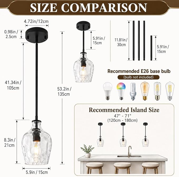 Black Pendant Lights Kitchen Island, 1 Light Modern Kitchen Island Lighting with Hand-Blown Hammered Glass, Adjustable Hanging Pendant Lights for Kitchen, Sink, Entryway