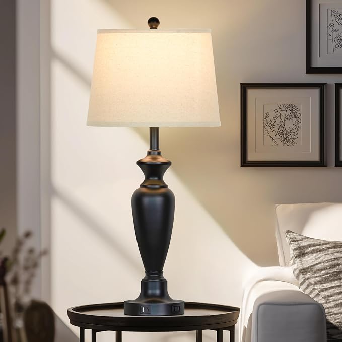 30" Tall Black Table Lamps Set of 2 for Living Room, Touch Control Bedside Lamps for Nightstand, 3-Way Dimmable Bedroom Table Lamp with USB A+C Ports and AC Outlet (2 LED Bulbs Included)