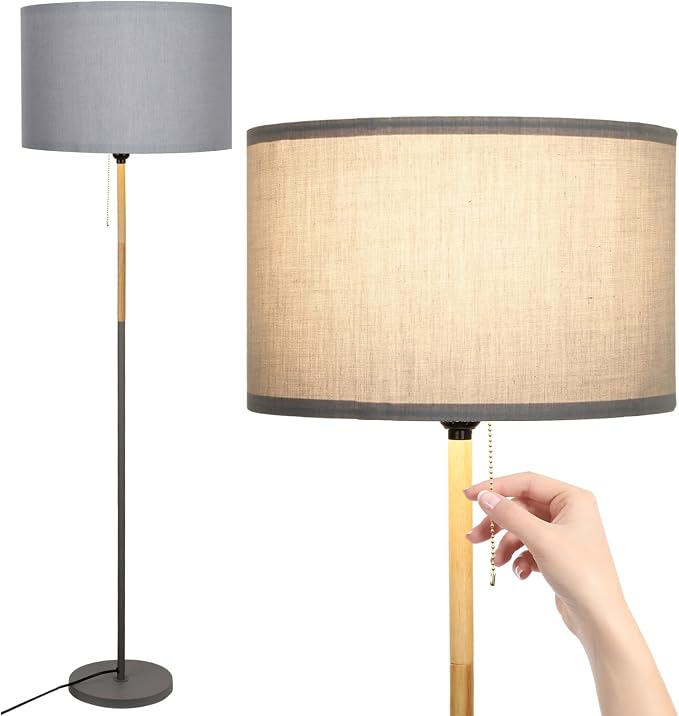 Modern Floor Lamp for Living Room Farmhouse Floor Lamps Pole with Linen Lamp Shade, Standing Tall Floor Lamps for Bedrooms and Office (Grey)