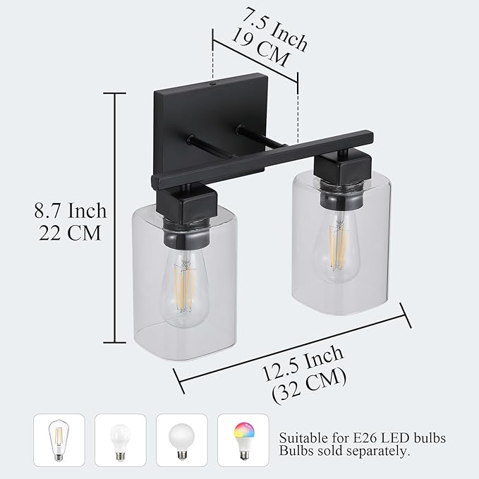 Matte Black 2-Light Bathroom Light Fixtures,Bathroom Vanity Light Over Mirror with Square Clear Glass Shade,Modern Farmhouse Wall Sconces Lighting for Bedroom Living Room Foyer Cabinet