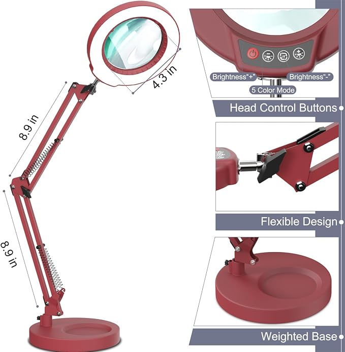 12X Magnifying Glass with Light and Stand, Upgrade Button 5 Color Modes Stepless Dimmable, 2-in-1 LED Lighted Magnifier Light, Hands Free Desk Lamp with Clamp for Craft Hobby Close Work - Red