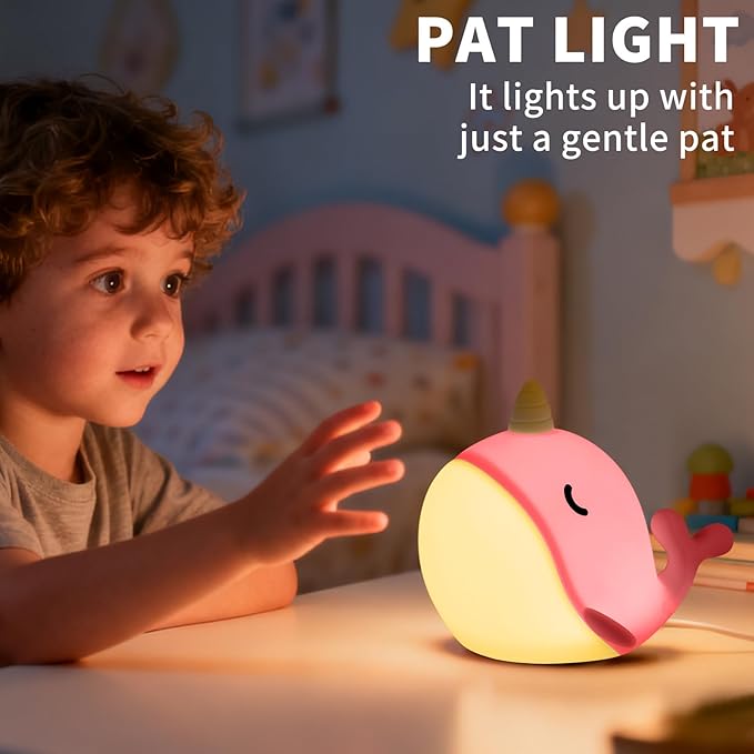 Cute Narwhal Night Light, Tap Control with 3 Warm White Brightness, USB Kids Bed Lamp with 30-Minute Timer, Soft Silicone Glow for Nursery, Birthday Gift(Pink Narwhal)