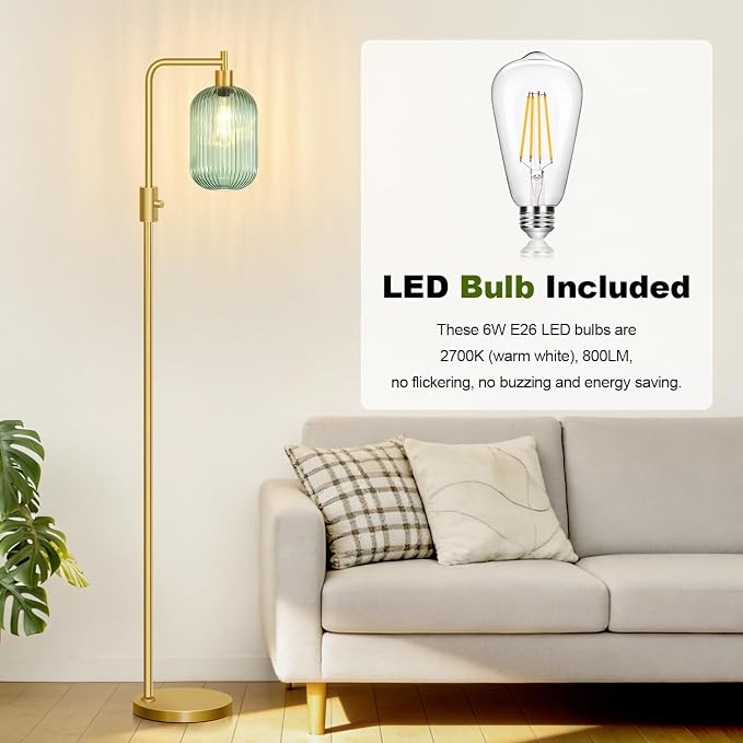 【Upgraded】 Dimmable Floor Lamp for Living Room with Green Ribbed Glass Lampshade, Gold Modern Floor Lamp with 900LM LED Bulb Included, Arc Standing Tall Lamp for Bedroom, Office, Reading Room, Corner