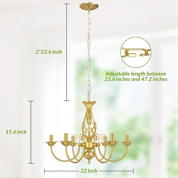6-Light Farmhouse Candle Chandelier for Living Room, Rustic Industrial Pendant Ceiling Light fixture, Vintage Ceiling Hanging Lamp for Bedroom Hallway Kitchen Dining Room Foyer, Luxury Gold E12 Socket