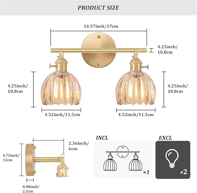 Bathroom Light Fixtures, 2-Light Brass Vanity wall Light Over Mirror with Amber Tulip Glass Shade for Bedroom Living Room (Bulb Not Included)