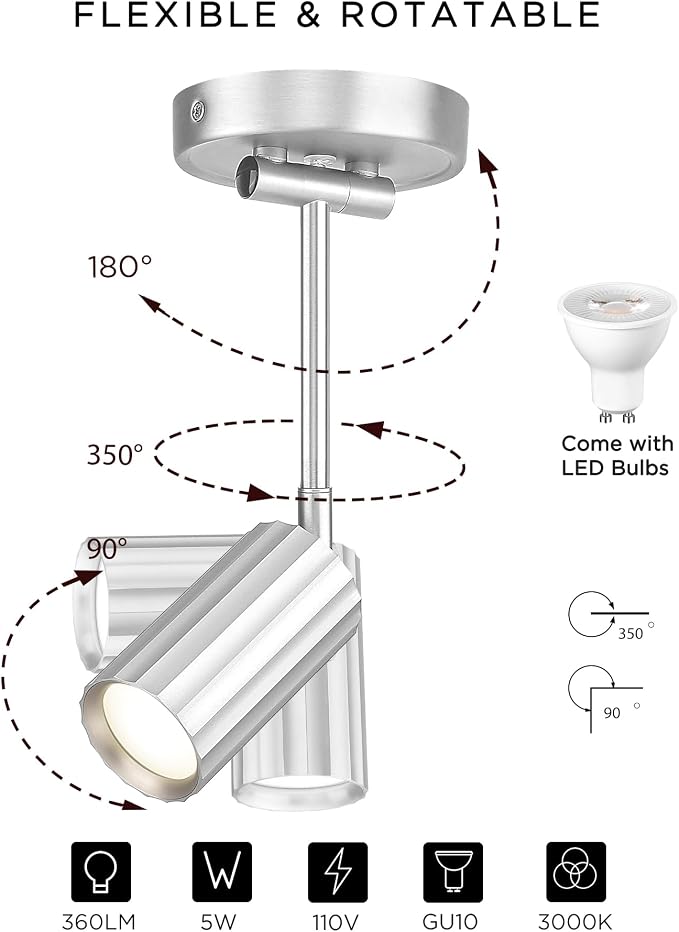 FEMILA LED Track Light for Kitchen, 3000K Bulb Included, Brushed Nickel | GU10 base adjustable-length swing arm sconce, 180° arm, 90° tilt, and 350° rotation for focused lighting