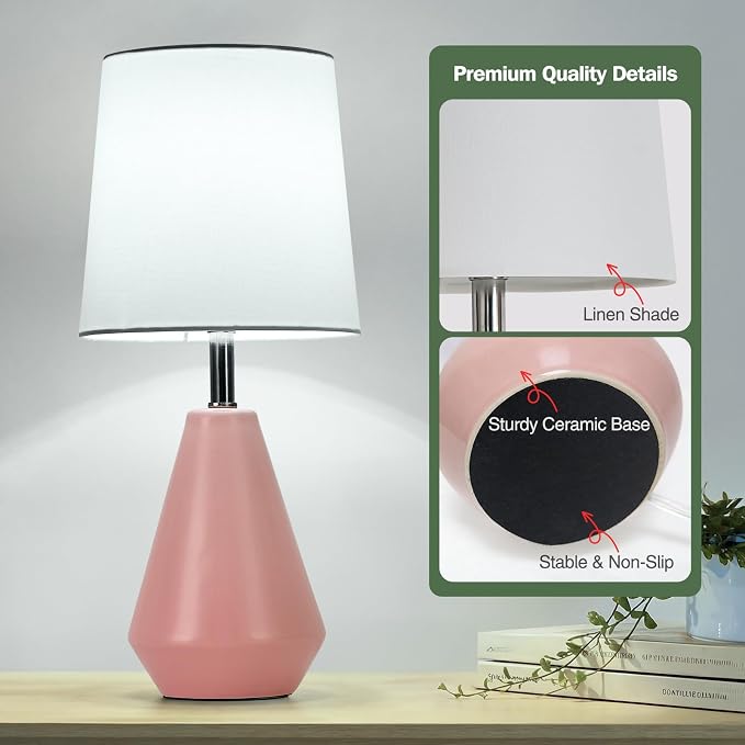 Small Bedside Table Lamp for Bedroom-Reading Desk Lamp Set of 2,with 3 Color Temperatures,15.5" Nightstand Ceramic Lamp with Fabric Shade for Kids Room,Living Room,Dorm,Home Office(Pink+White)