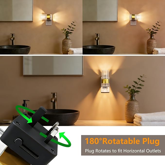 LED Night Light Rotating, Acrylic Night Lights Plug into Wall with Dusk to Dawn Sensor, 0-100LM Dimmable 2700K Nightlight Plug in for Bedroom, Bathroom, Living Room, Hallway (2 Pack)
