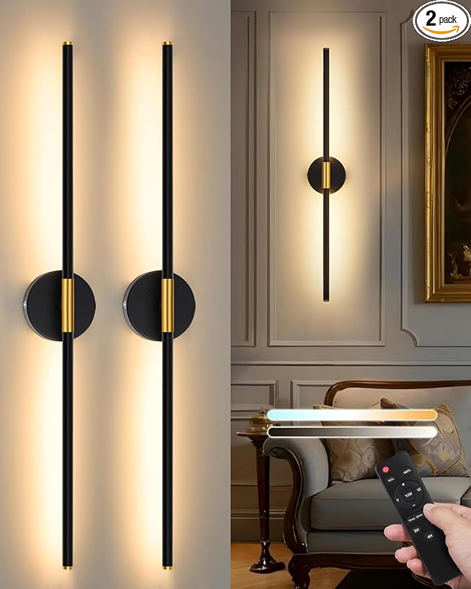40" Battery Operated Wall Sconce Set of 2, 350° Rotating Lamp, Black Gold | Wireless, 8000mAh Rechargeable Battery, Stepless Dimming, 3000K-6000K, Remote & Touch Control, Timer, Living Room, Bedroom