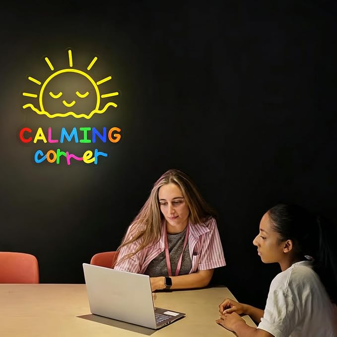 Calming Corner Neon Sign Sun Calm Down Led Neon Light for Wall Decor, Dimmable Colorfu Signs for Library Classroom School Office Nursery Decoration, USB Powered 13.8"x12.2"