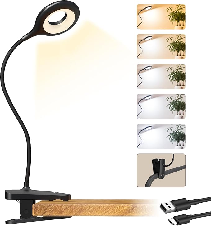 CUHIOY Rechargeable Clip on Reading Light for Bed Headboard, Black, 1 Pack | Strong Clamp USB-C Goose-Neck Night Light, 5 Colors 5 Brightness Desk Lamp for Bunk Bed Shelf, Perfect for Reading Working