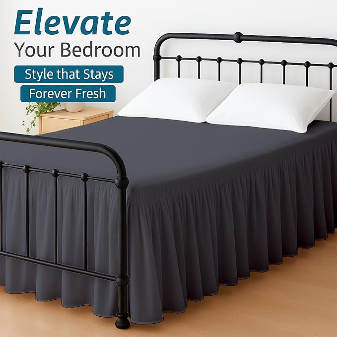 Shreem Linen Ruffled Bed Skirt with Split Corners, Gathered Style, 100% Microfiber, 18-Inch Drop, Dust Ruffle Bedskirt with Platform, Full, Dark Grey