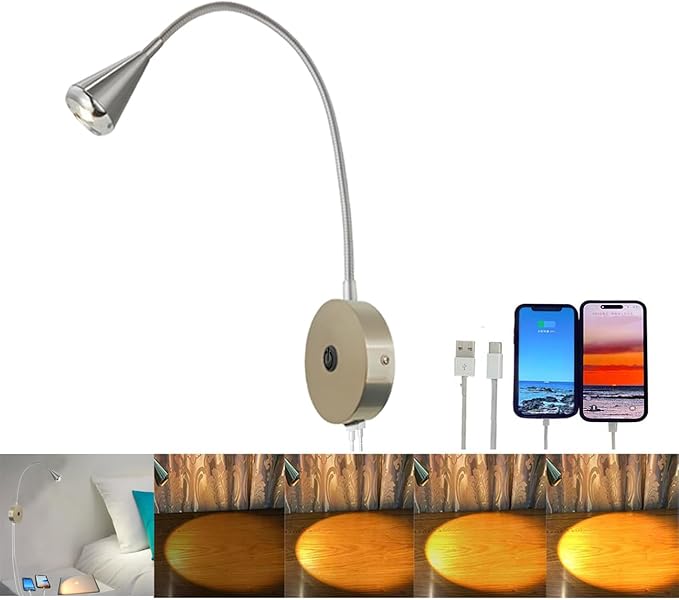 HomeFocus - LED Wall Light, Bedside Reading Light, Eye-Caring Wall Lamp with Dual USB Charging Ports, Dimmable 3 Modes, Wall Sconces, 5W 3000K Warm White, Flexible Gooseneck, Metal, Satin Nickel