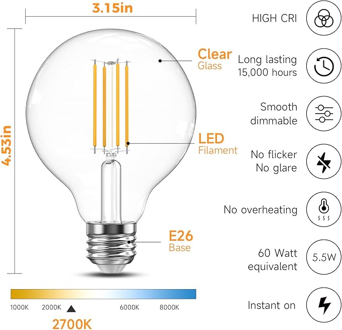 TJOY G25 Edison Globe Light Bulbs, LED Vanity Light Bulb for Bathroom, 60W Equivalent, 2700K Warm White, 500 Lumens, 5.5W, Dimmable, Clear Vintage Filament Globe, E26 Base, for Chandelier, 6 Pack