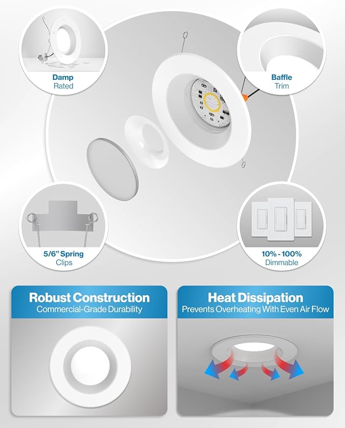 Sunco Retrofit LED Recessed Lighting 6 Inch, Downlight Can Lights for Ceiling, Baffle Trim, 965 LM, 13W (120W Equivalent), 2700K Soft White, Dimmable, Damp Rated UL 4 Pack.