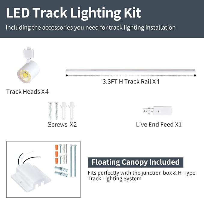 5 Color 4-Light Track Lighting Kit with 3.3FT H Track Rail, White | 10W Dimmable LED Track Lighting Fixtures Ceiling Spotlight 800LM, CRI90, Floating Canopy Connector Included for Installation
