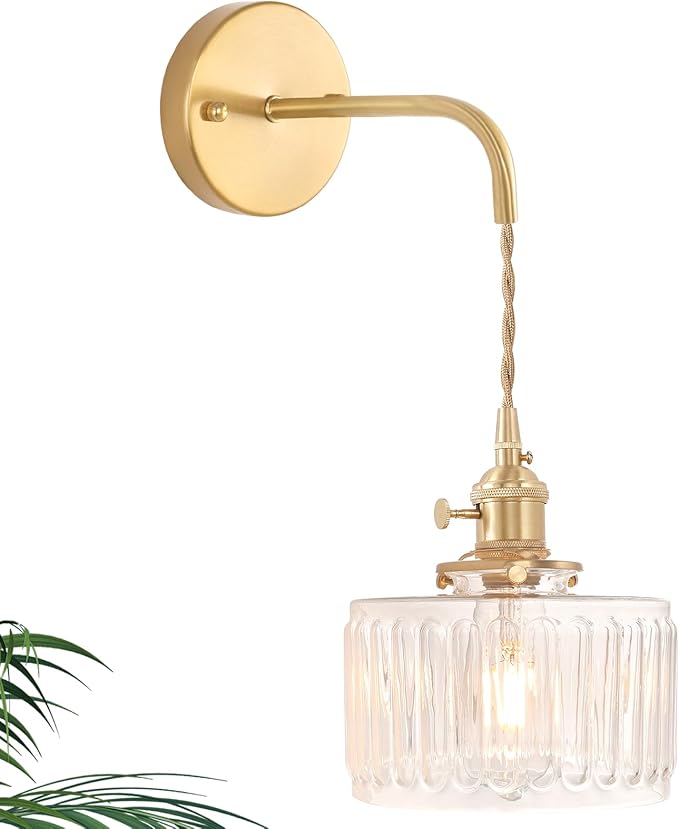 Shenmoyl Vintage Wall Sconce Wall Lamp with Clear Striped Shade Pattern Glass Adjustable Chain Retro Gold Wall Mounted Light, Modern Wall Lamp Fixtures Decor for Bedside Bedroom Indoor Doorway