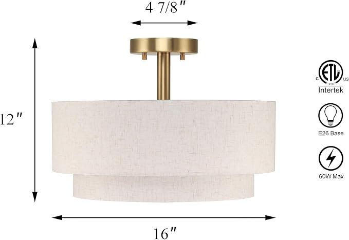XiNBEi Lighting 16" Semi Flush Mount Ceiling Light for Bedroom, Brass | 3-Light Double Drum Light Fixture, Linen Fabric Shade, Close to Ceiling Lamp, For Living Room Kitchen Entryway Hallway Foyer