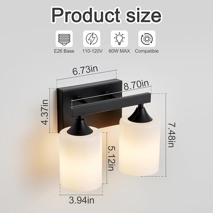 ZHU YAN Black Vanity Light Fixture,2 Light Bathroom Lighting Fixtures Over Mirror,Milky White Glass Shades,Bathroom Lights for Mirror Living Room Bedroom E26 Socket