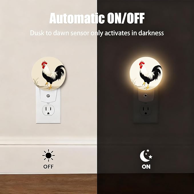 Plug-in Vintage Rooster Night Light Classic Poultry Art Night Lights Plug into Wall with Auto on/Off Sensor, 0.5W LED Nightlight for Bedroom Bathroom Kitchen Hallway