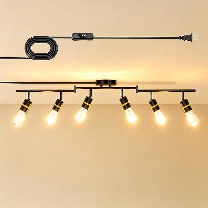 HiBay 6-Light Plug in Track Lighting, Rotatable Spotlight, Black Gold, E26 | Adjustable 6 heads ceiling fixture for a living room or open space, plug-in cord with on/off switch, no wiring, excl bulb