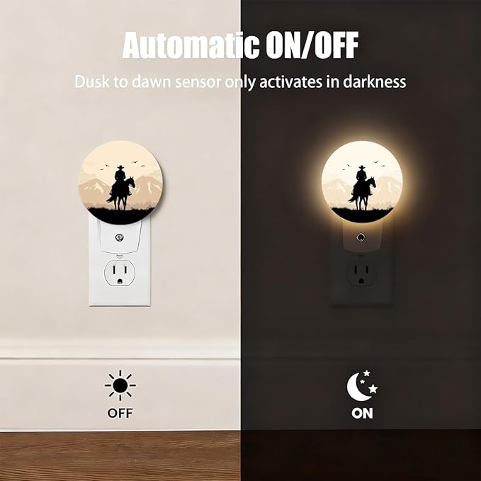 Plug-in Cowboy on Horseback Night Light Vintage Western Scene Night Lights Plug into Wall with Auto on/Off Sensor, 0.5W LED Nightlight for Bedroom Bathroom Kitchen Hallway