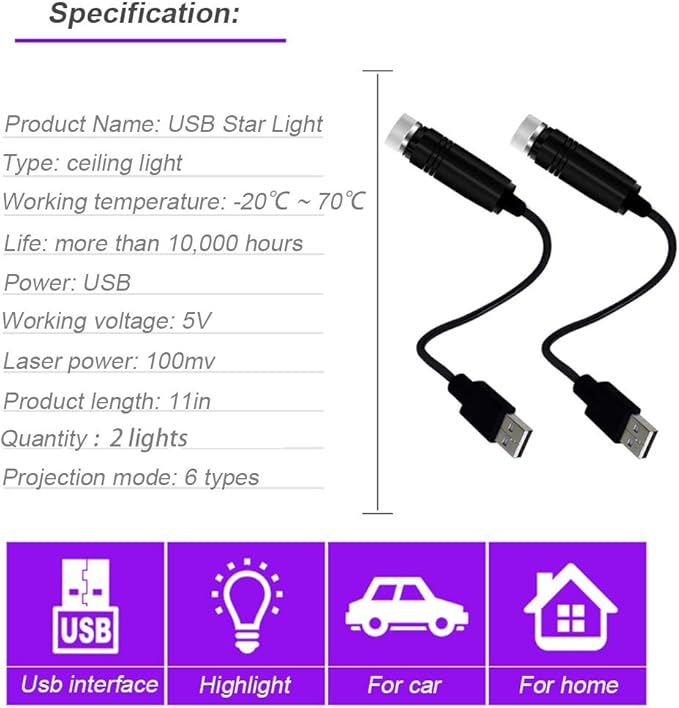 USB Night Light, Star Projector Night Light, Interior Car Lights, Bending Freely Portable Atmospheres Decoration for Car, Ceiling, Bedroom, Party 2 PCS