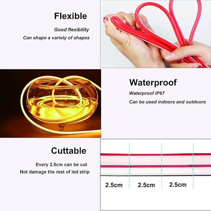 YM E-Bright Red Led Neon Strip Light Without Power Supply, 12V Silicone Indoor Outdoor 16.4Ft 600SMD Waterproof Flexible for Signboard Bar Home TV Kitchen Bedroom Party Holiday Decoration