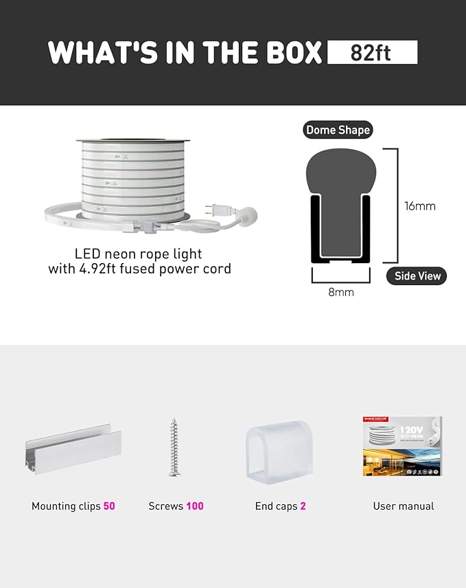 Shine Decor LED Rope Lights AC 120V, Connectable & Cuttable Dotless 120LEDs/M Eco Neon Strip Lighting, ETL IP65 Waterproof & Weather-Resistant for Home Commercial, 8x16mm, 6000K Cool White, 82FT
