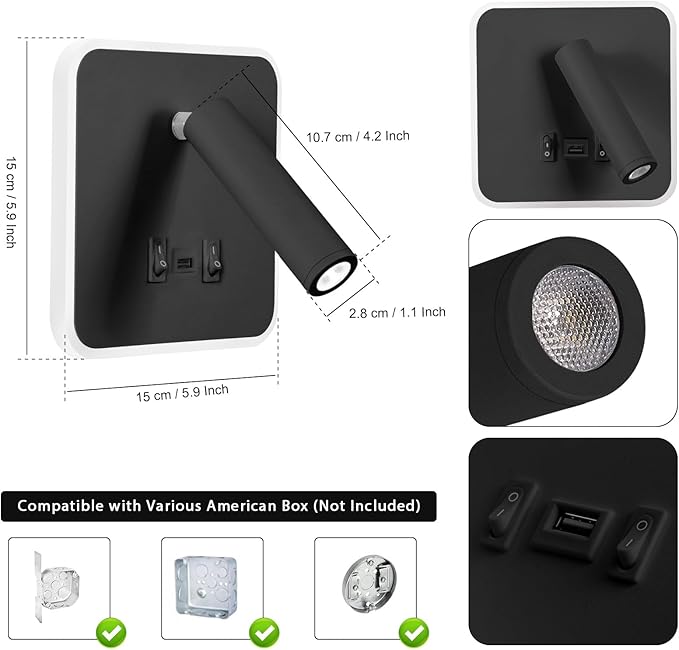 Kawell Indoor LED Wall Lamp with Switch Adjustable Bedside Wall Spotlight Modern LED Reading Wall Light with USB Charging Port for Bedroom Living Room Study Library, Black(Cold White)
