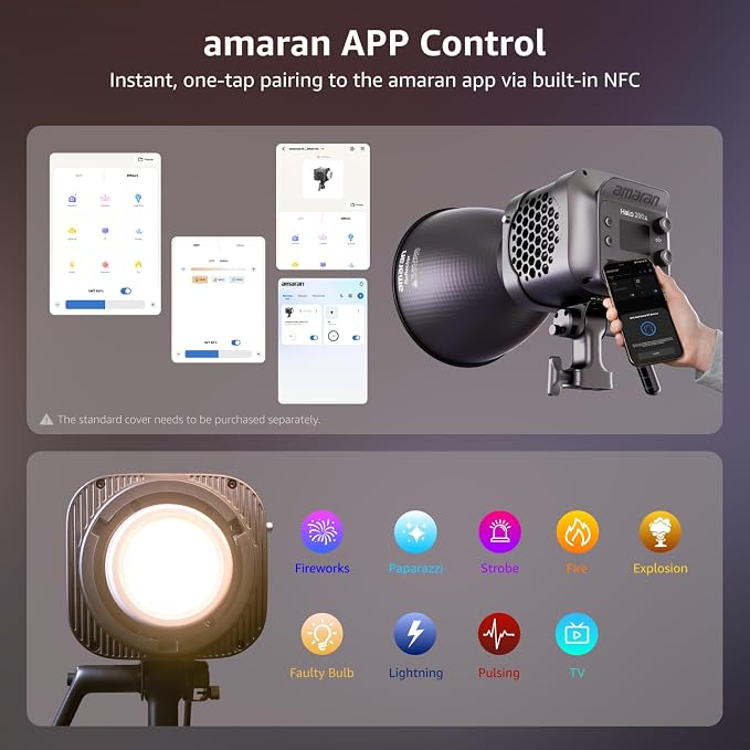 amaran Halo 200x Compact 200W Bi-Color COB Light,LED Studio Light | Bowens Mount 2,700K - 6,500K,9 Lighting FX Continuous Lighting for Photography Recording Streaming APP Control