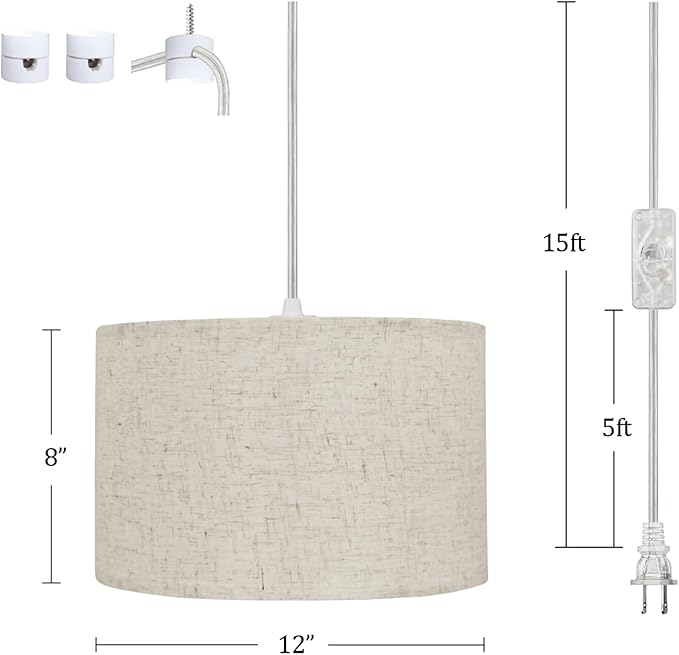 Hanging Lamp Plug in Pendant Light 2 Pack with Remote Control, 15Ft Hanging Lights with Plug in Cord Beige Lamp Shade Plug in Ceiling Light with Cord for Bedroom, Kitchen, Living Room, Dining Table