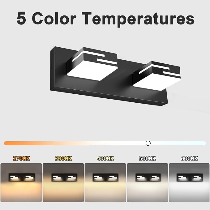 LED Modern Bathroom Vanity Light Fixtures, Dimmable Matte Black Vanity Lights for Bathroom Lighting Fixtures Over Mirror, with 360° Rotatable Acrylic Heads 2-Light 16-inch 5CCT