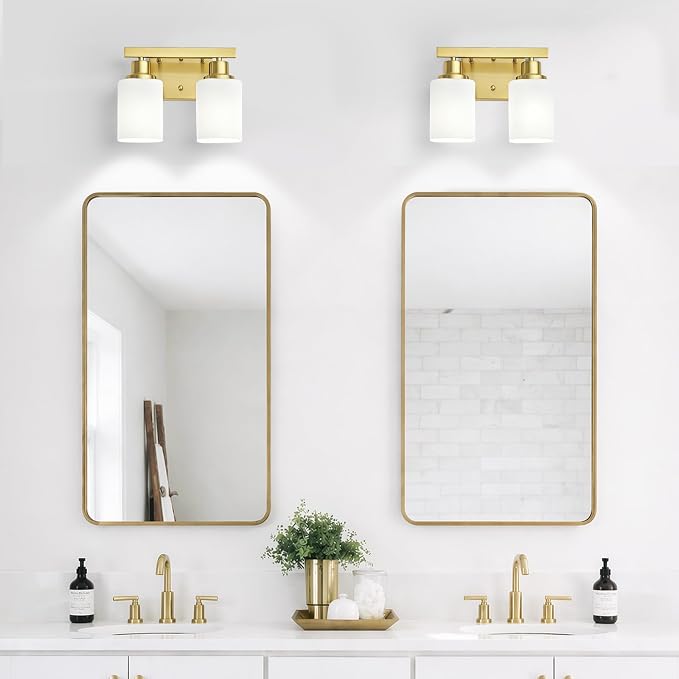 2 Light Gold Bathroom Light Fixtures,Brushed Gold Vanity Light with Clear Glass,Gold Bathroom Vanity Lights Over Mirror,Wall Sconces for Living Room,Bedroom,Hallway(E26 Base)