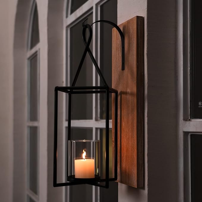 Homemory Wall Candle Sconce, Wood Rustic Candle Holder Decorative Candle Lantern with Glass Holder, Wall Decorations for Living Room, Dining Room | Wood and Glass Design Adds Rustic Farmhouse Style for Living Rooms, Bedrooms, Fireplaces and Wall Decor