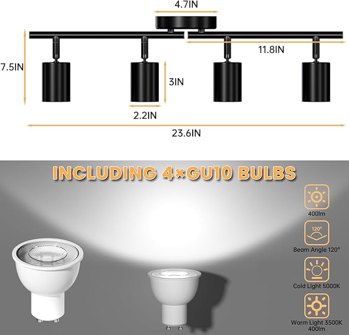 LED 4 Light Track Lighting Kit, Black Ceiling Spotlights, Modern Track Light Fixture with Flexibly Rotatable Light Heads for Kitchen, Living Room, Bedroom, Includes 4 x GU10 Bulb