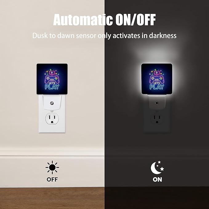 Game Neon Night Light, Let's Play Game Night Lights Plug into Wall Decor for Bedroom, Bathroom, Hallway, Kitchen, Dusk to Dawn Sensor Nightlights for Boys Girls Women Men Room Gifts