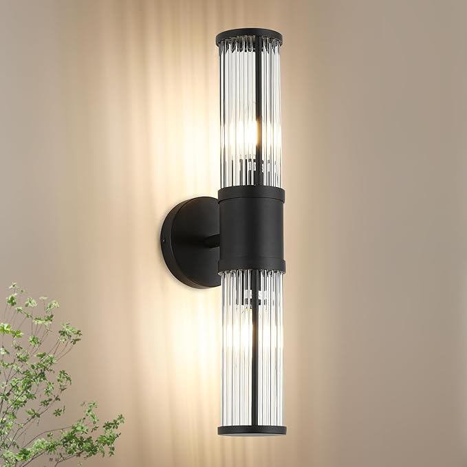 19.7" Modern Bathroom Wall Sconce Light Fixture, Black Glass Rod Vanity Light with E12 Base, Up or Down Mounting for Mirror Makeup Lighting (Bulbs Not Included)