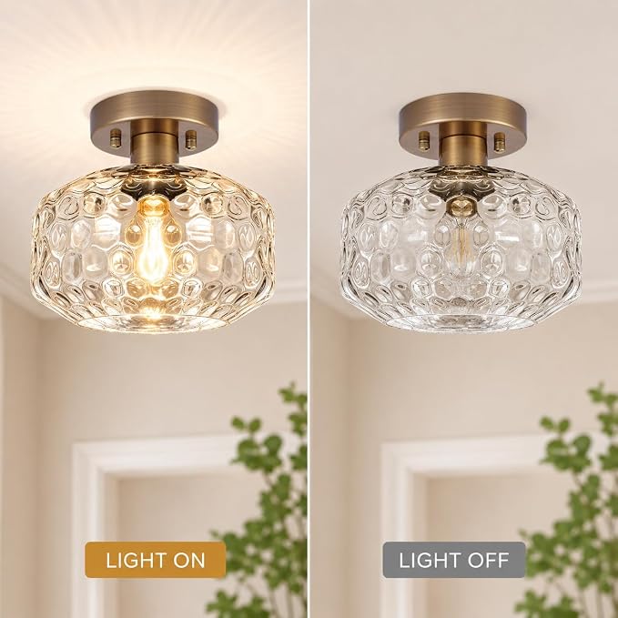 Brushed Antique Brass Semi Flush Mount Ceiling Light, Vintage Small Ceiling Light Fixture, Hallway Lighting Fixture with Hammered Glass, Kitchen Ceiling Mount Light for Entry Way, Bedroom, Bathroom