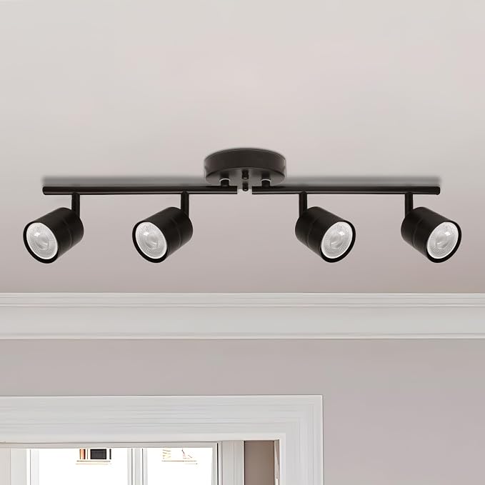 23.62 Inch 4-Light Matte Black Track Lighting Fixture, Rotatable Adjustable GU10 LED Ceiling Spotlight, Dimmable Warm White Indoor Light for Gallery Kitchen Bedroom Retail Store