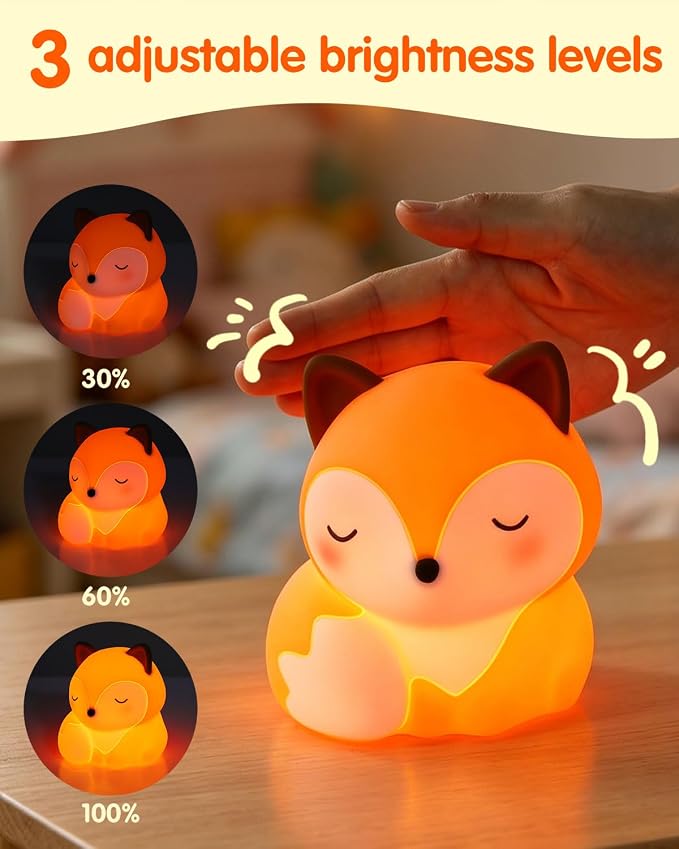 YISUN Fox Silicone LED Night Light, 3 Level Dimmable Kids Room Nursery Lamp | Soft Squishy, Rechargeable Bedside Touch Light, Novelty Animal Lamp for Boys Girls Toddlers